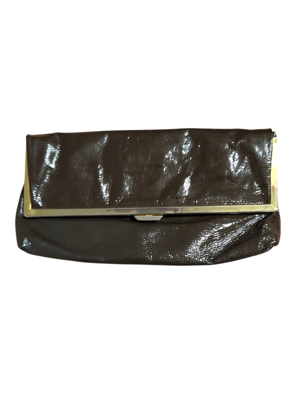 Vintage Goldenbleu Patent Fold-Over Clutch in Deep Brown with Gold Trim